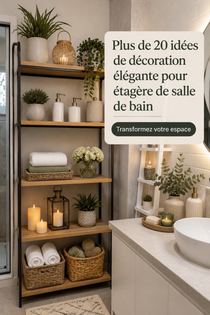 Étagères élégantes en bois et accessoires de salle de bain stylisés