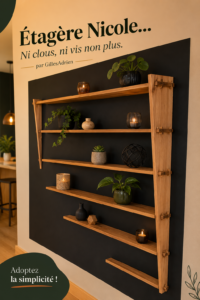 Étagère Nicole réalisée sans clous ni vis, présentée dans un intérieur moderne.