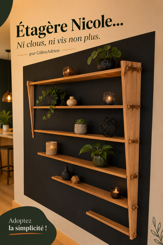 Étagère Nicole réalisée sans clous ni vis, présentée dans un intérieur moderne.