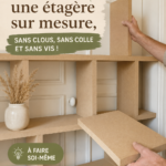 Etagère sur mesure en bois sans clous ni vis, décorée avec des livres et des plantes.