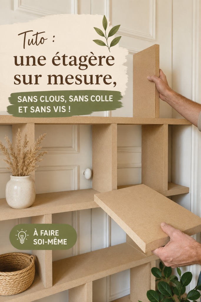 Etagère sur mesure en bois sans clous ni vis, décorée avec des livres et des plantes.
