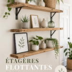 Étagères flottantes personnalisées en bois dans un salon moderne.