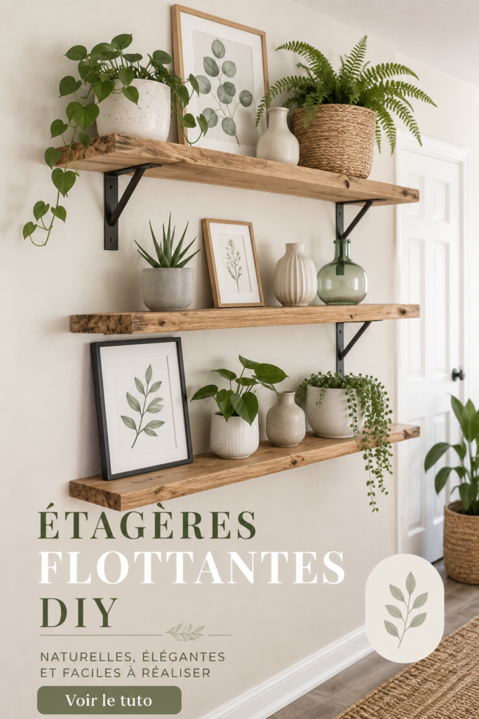 Étagères flottantes personnalisées en bois dans un salon moderne.