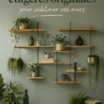 Étagères originales en bois suspendues avec des décorations modernes.
