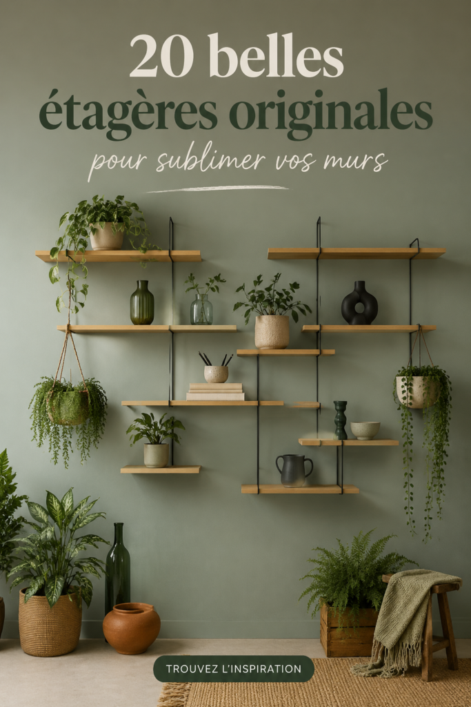 Étagères originales en bois suspendues avec des décorations modernes.