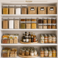 Garde-manger organisé avec des étagères et des bocaux bien disposés.