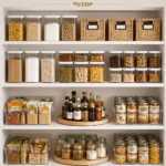 Garde-manger organisé avec des étagères et des bocaux bien disposés.