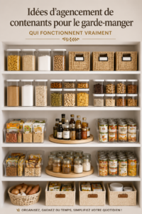 Garde-manger organisé avec des étagères et des bocaux bien disposés.