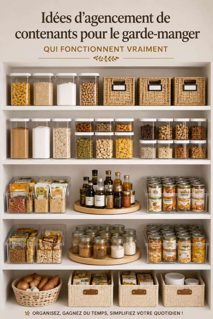 Garde-manger organisé avec des étagères et des bocaux bien disposés.