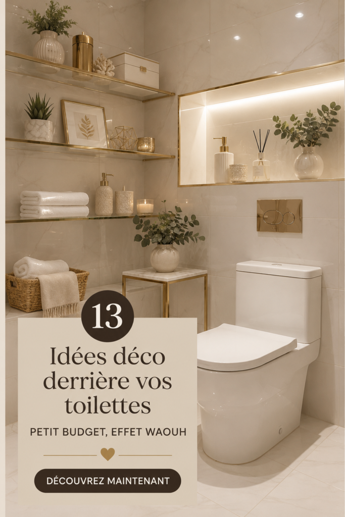 Espace décoré derrière les toilettes avec plantes et objets décoratifs