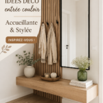 Une entrée stylée et accueillante avec des éléments décoratifs chaleureux.