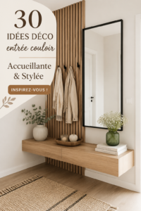 Une entrée stylée et accueillante avec des éléments décoratifs chaleureux.