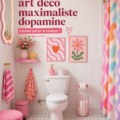 Salle de bain art déco maximaliste avec couleurs vives et motifs géométriques