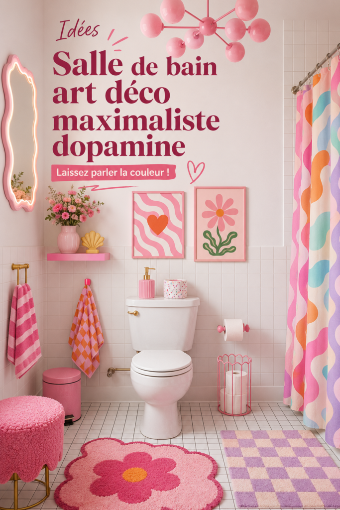 Salle de bain art déco maximaliste avec couleurs vives et motifs géométriques