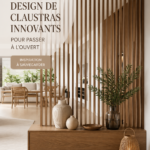 Séparateur de salon moderne divisant un espace de vie ouvert, avec des plantes décoratives.