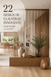 Séparateur de salon moderne divisant un espace de vie ouvert, avec des plantes décoratives.