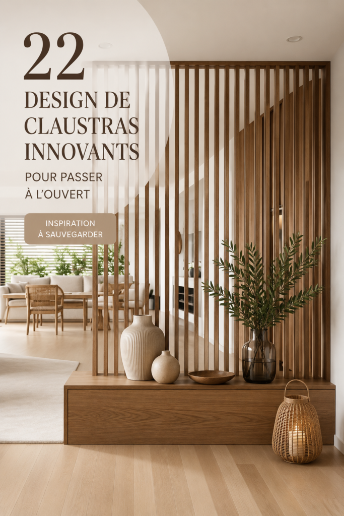 Séparateur de salon moderne divisant un espace de vie ouvert, avec des plantes décoratives.