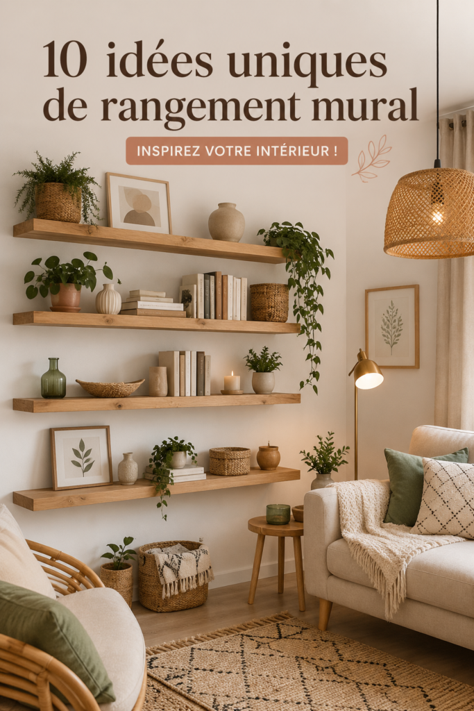 Rangement mural esthétique et pratique dans un salon moderne.