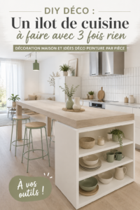 Un îlot de cuisine DIY coloré en bois dans une cuisine moderne.