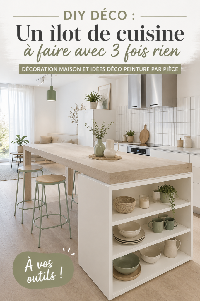 Un îlot de cuisine DIY coloré en bois dans une cuisine moderne.