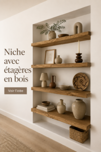 Une belle niche décorée avec des étagères en bois disposées harmonieusement.