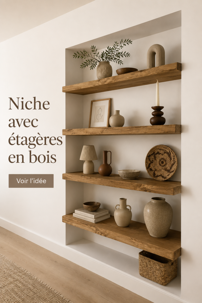 Une belle niche décorée avec des étagères en bois disposées harmonieusement.