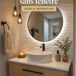 Aménagement d'un petit toilette chaleureux sans fenêtre, avec un éclairage doux et des couleurs claires.