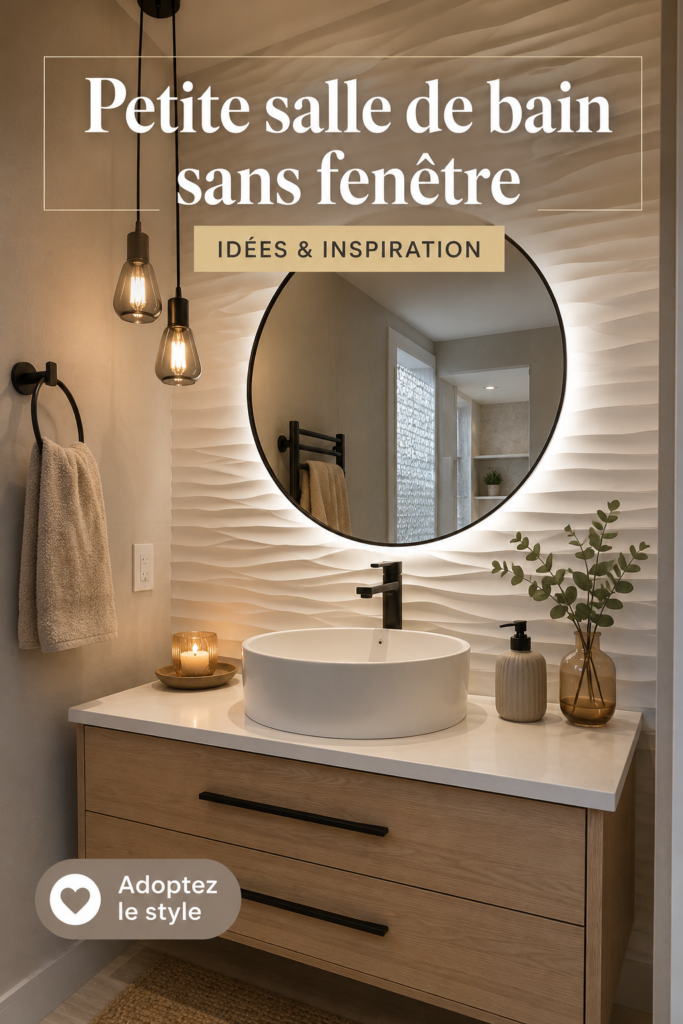 Aménagement d'un petit toilette chaleureux sans fenêtre, avec un éclairage doux et des couleurs claires.