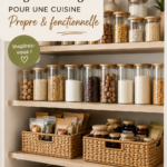 Un garde-manger bien organisé avec des contenants étiquetés et des aliments visibles.