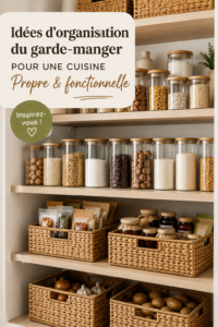 Un garde-manger bien organisé avec des contenants étiquetés et des aliments visibles.