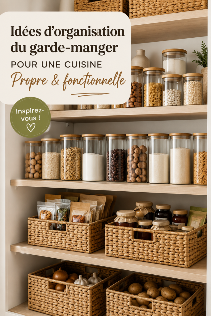 Un garde-manger bien organisé avec des contenants étiquetés et des aliments visibles.