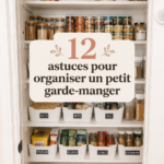 Un garde-manger bien organisé avec des étagères et des conteneurs transparents remplis de produits alimentaires.