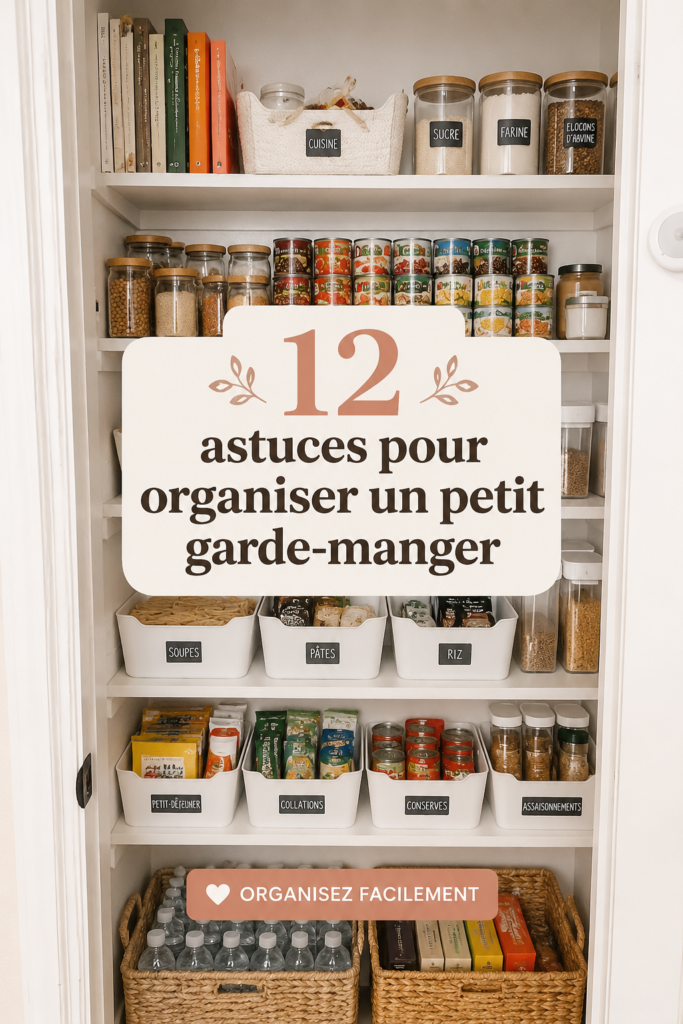 Un garde-manger bien organisé avec des étagères et des conteneurs transparents remplis de produits alimentaires.