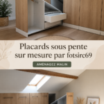 Aménagement d'un placard sur mesure sous pente élégant et fonctionnel.
