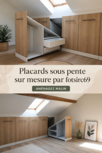 Aménagement d'un placard sur mesure sous pente élégant et fonctionnel.