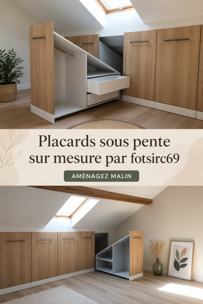 Aménagement d'un placard sur mesure sous pente élégant et fonctionnel.