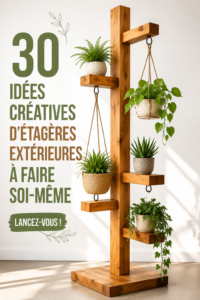 Un rayonnage extérieur DIY en bois avec des plantes et des décorations sur une terrasse ensoleillée.