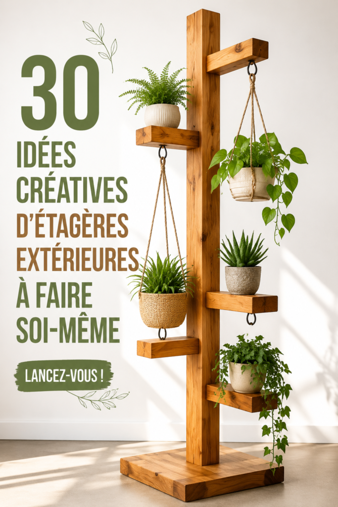 Un rayonnage extérieur DIY en bois avec des plantes et des décorations sur une terrasse ensoleillée.