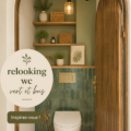 Relooking de toilettes avec du vert et des éléments en bois