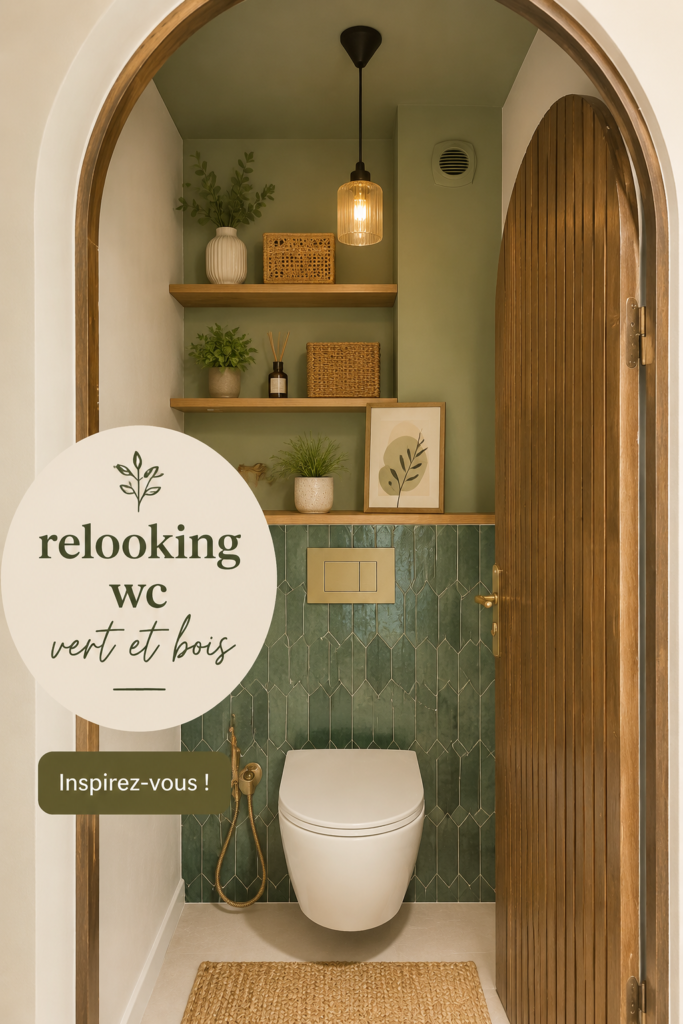 Relooking de toilettes avec du vert et des éléments en bois