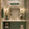Salle de bain modernisée avec du papier peint élégant et un meuble vert rafraîchissant.