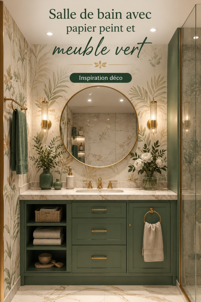 Salle de bain modernisée avec du papier peint élégant et un meuble vert rafraîchissant.