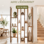 Vue d'un intérieur séparé par des étagères au design élégant.