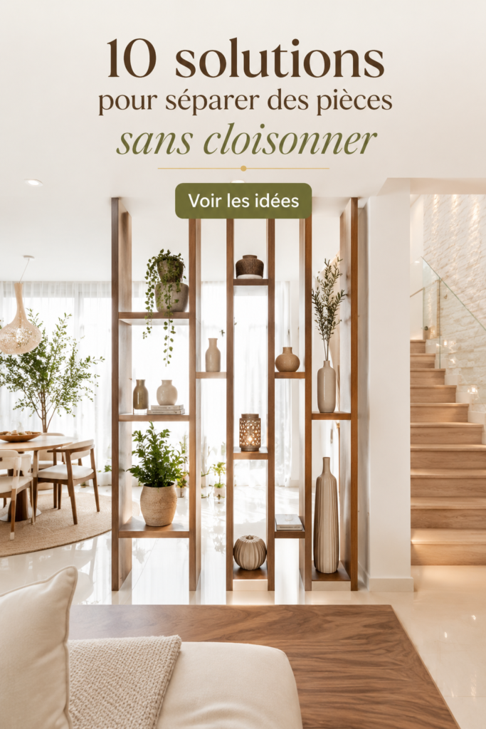 Vue d'un intérieur séparé par des étagères au design élégant.