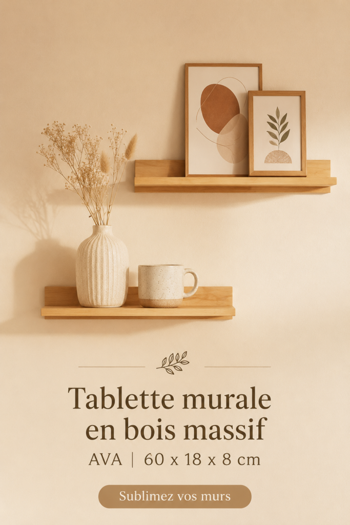 Tablette murale en bois massif AVA élégamment installée dans un salon moderne.