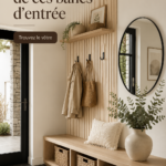 Un banc d'entrée moderne en bois avec des coussins confortables.
