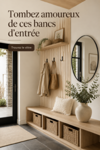 Un banc d'entrée moderne en bois avec des coussins confortables.