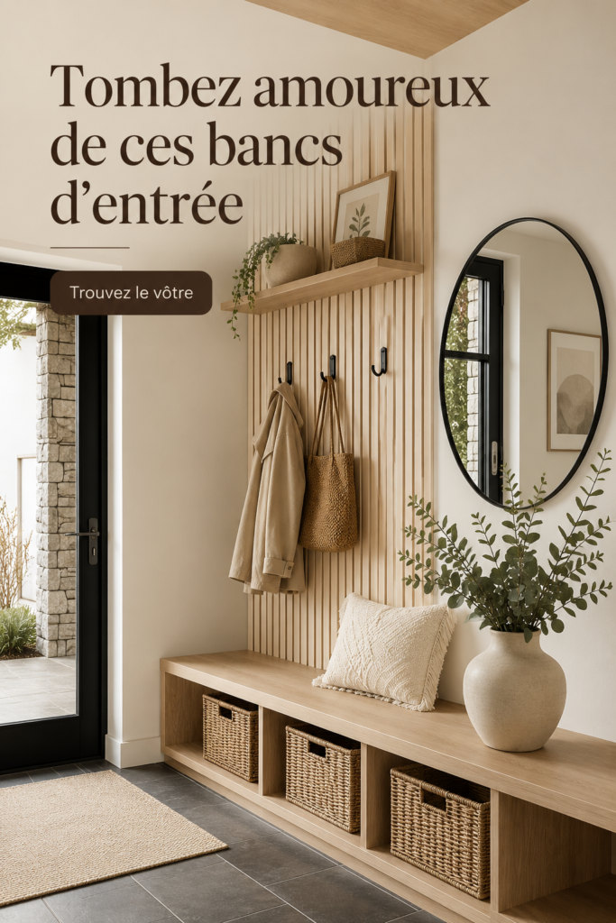 Un banc d'entrée moderne en bois avec des coussins confortables.