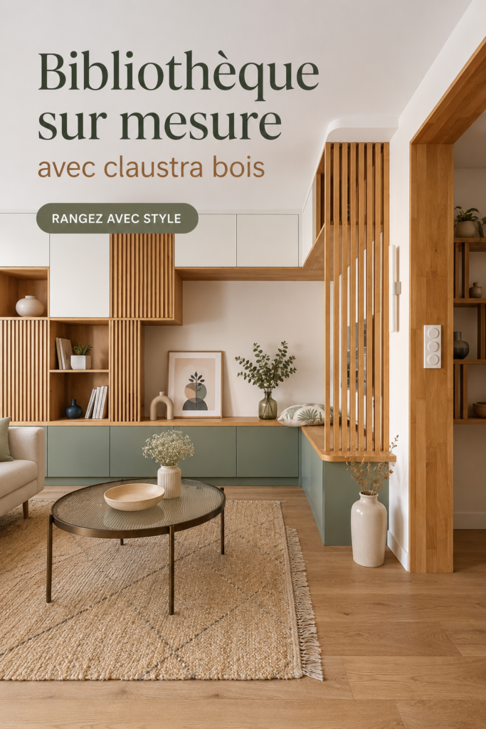 Une belle bibliothèque sur mesure en claustra bois, créant un espace chaleureux dans une pièce.