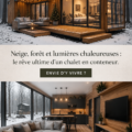 Cabane d'hiver entourée de forêts enneigées, décorée de lumières chaleureuses